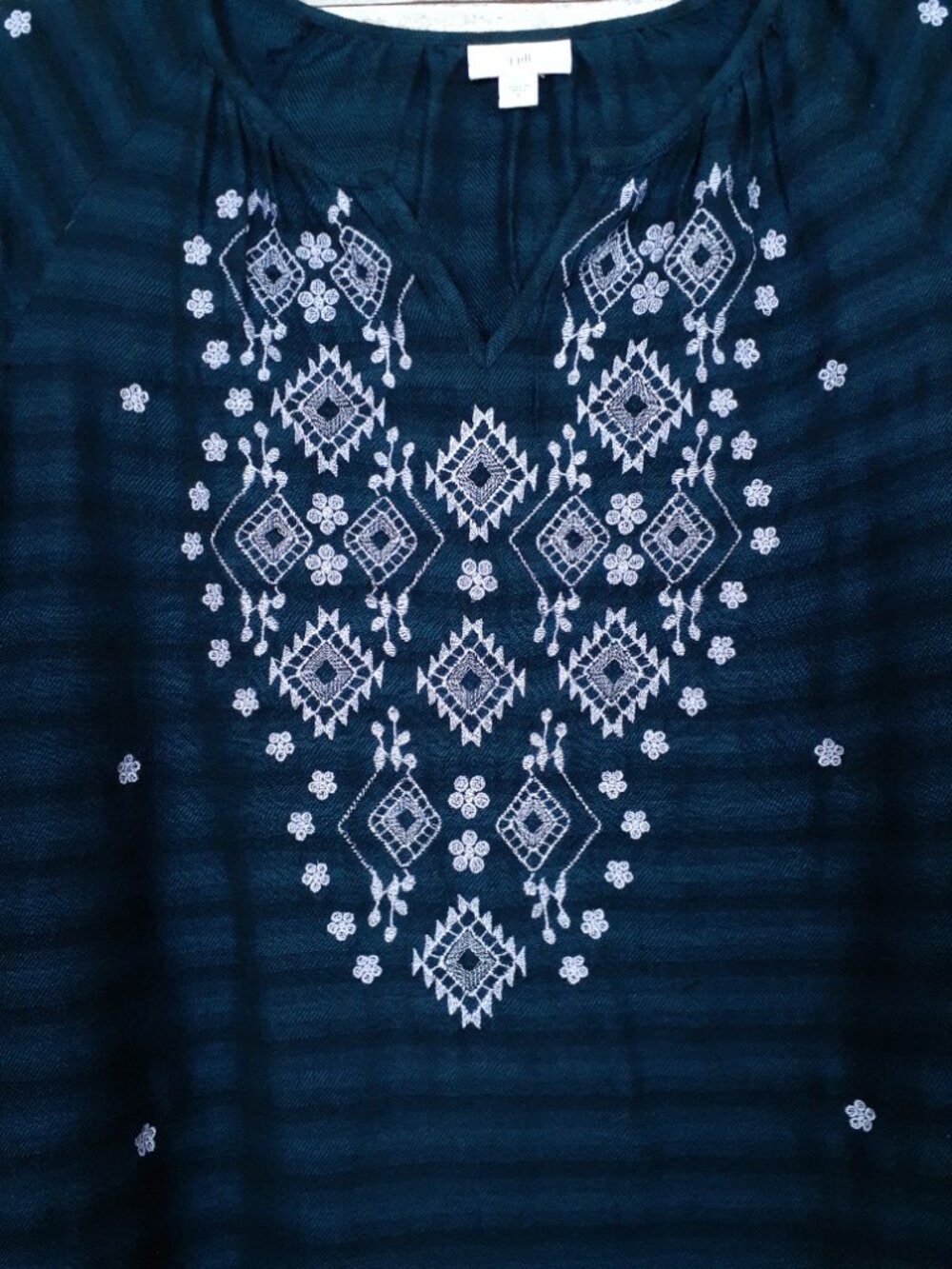J Jill Embroidered Peasant Top S Boho 3/4 Sleeve Notch Neck Navy Stripe 957A - Picture 2 of 6